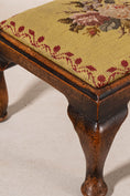Load image into Gallery viewer, Antique English Oak Footstool with Padded Feet + Needlework Cushion
