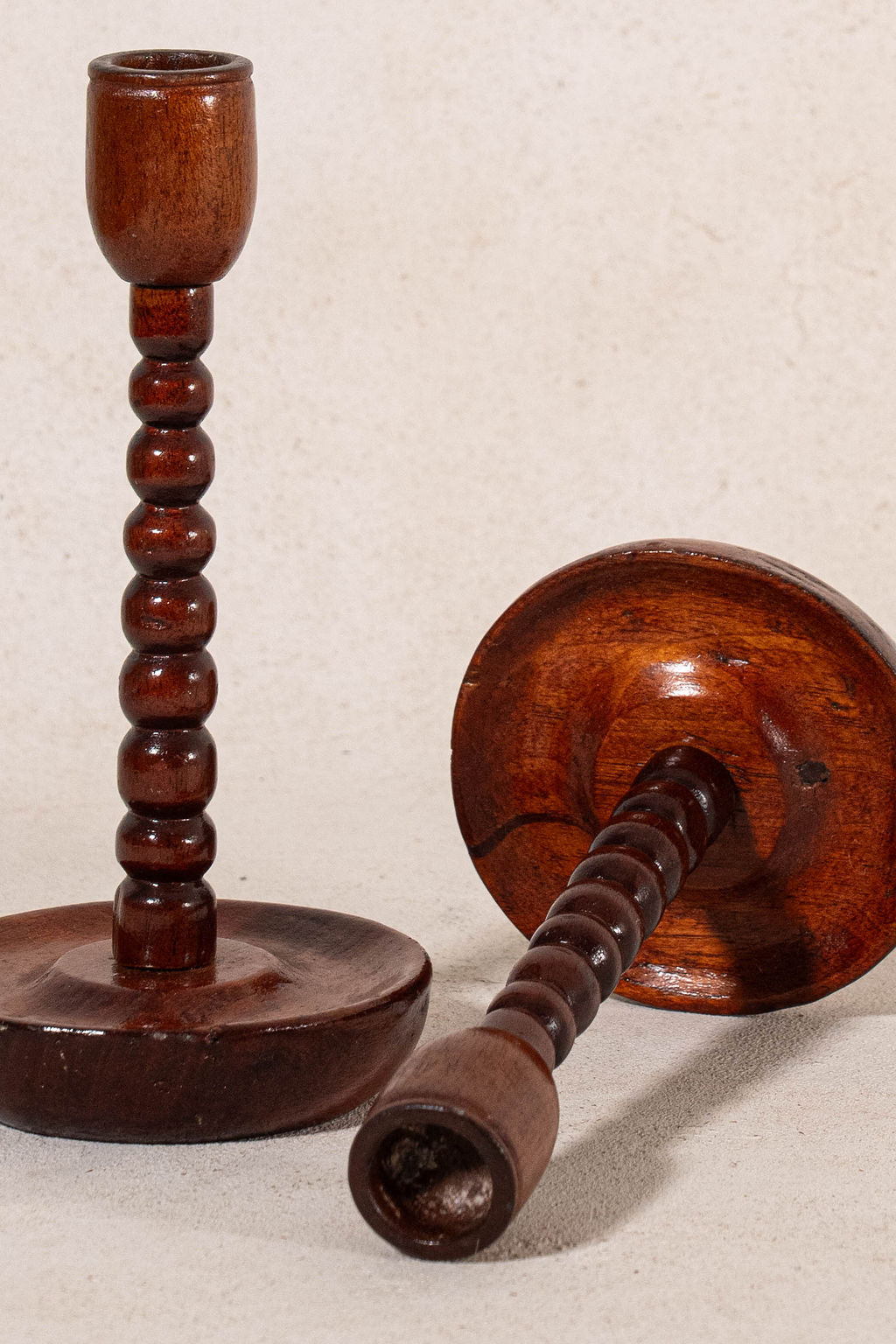 Antique English Oak Bobbin Candlesticks