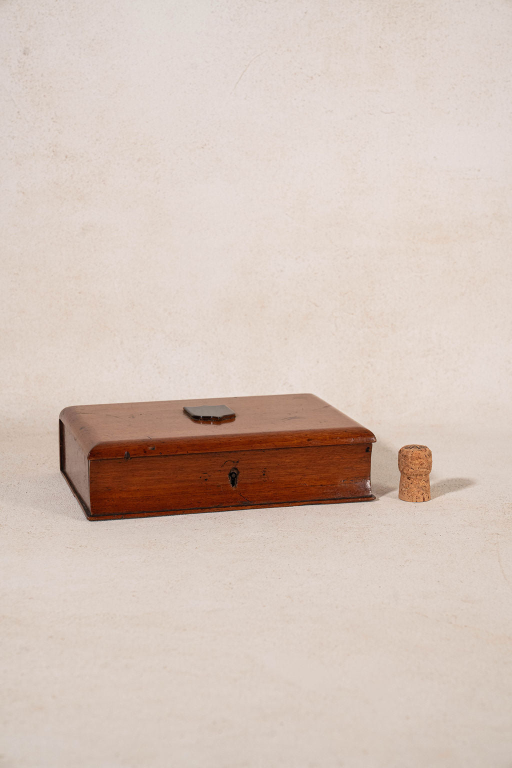 Antique Writing Box with Shield Plaque + Ink Well