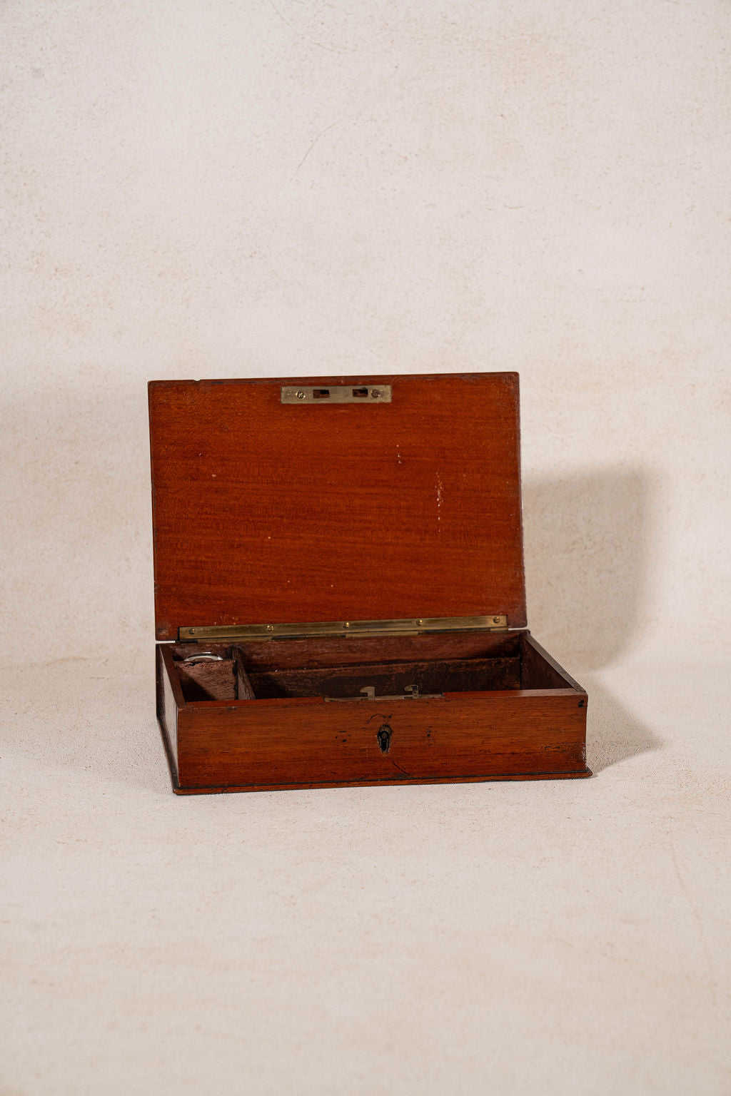 Antique Writing Box with Shield Plaque + Ink Well