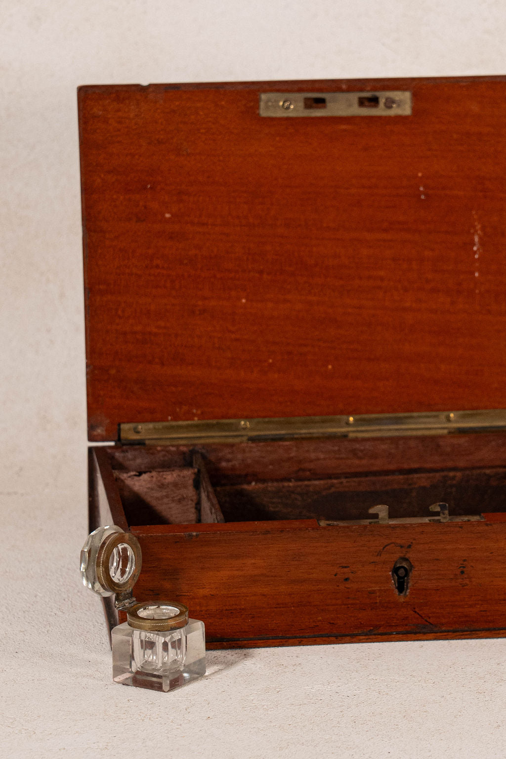 Antique Writing Box with Shield Plaque + Ink Well