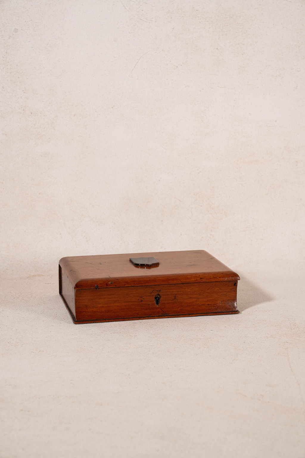 Antique Writing Box with Shield Plaque + Ink Well