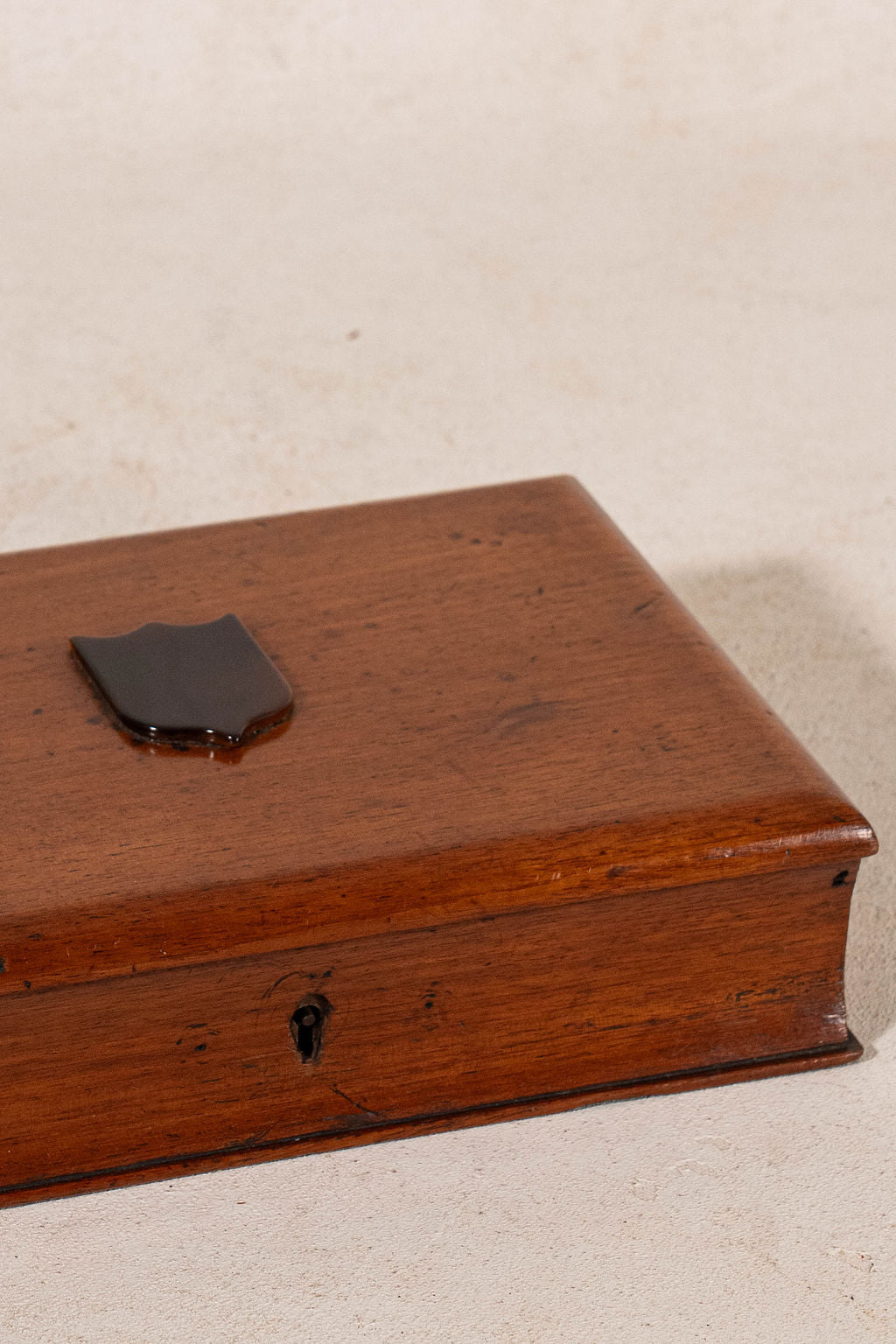 Antique Writing Box with Shield Plaque + Ink Well