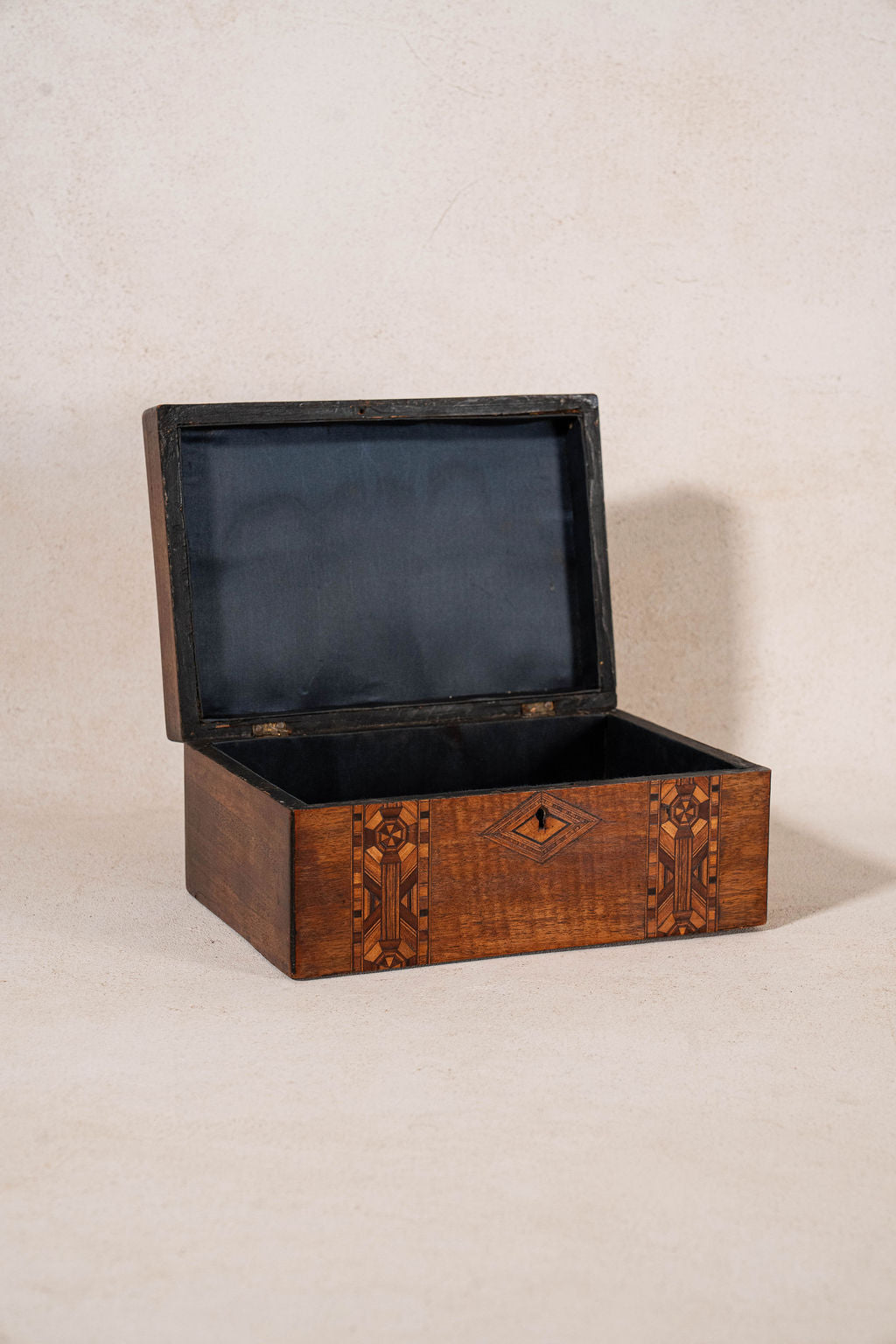 19th Century Walnut Inlay Box with Navy Interior