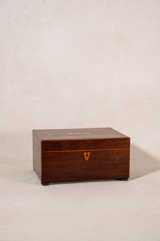 19th Century English Mahogany Inlay Sewing Box with Initials “L.C”