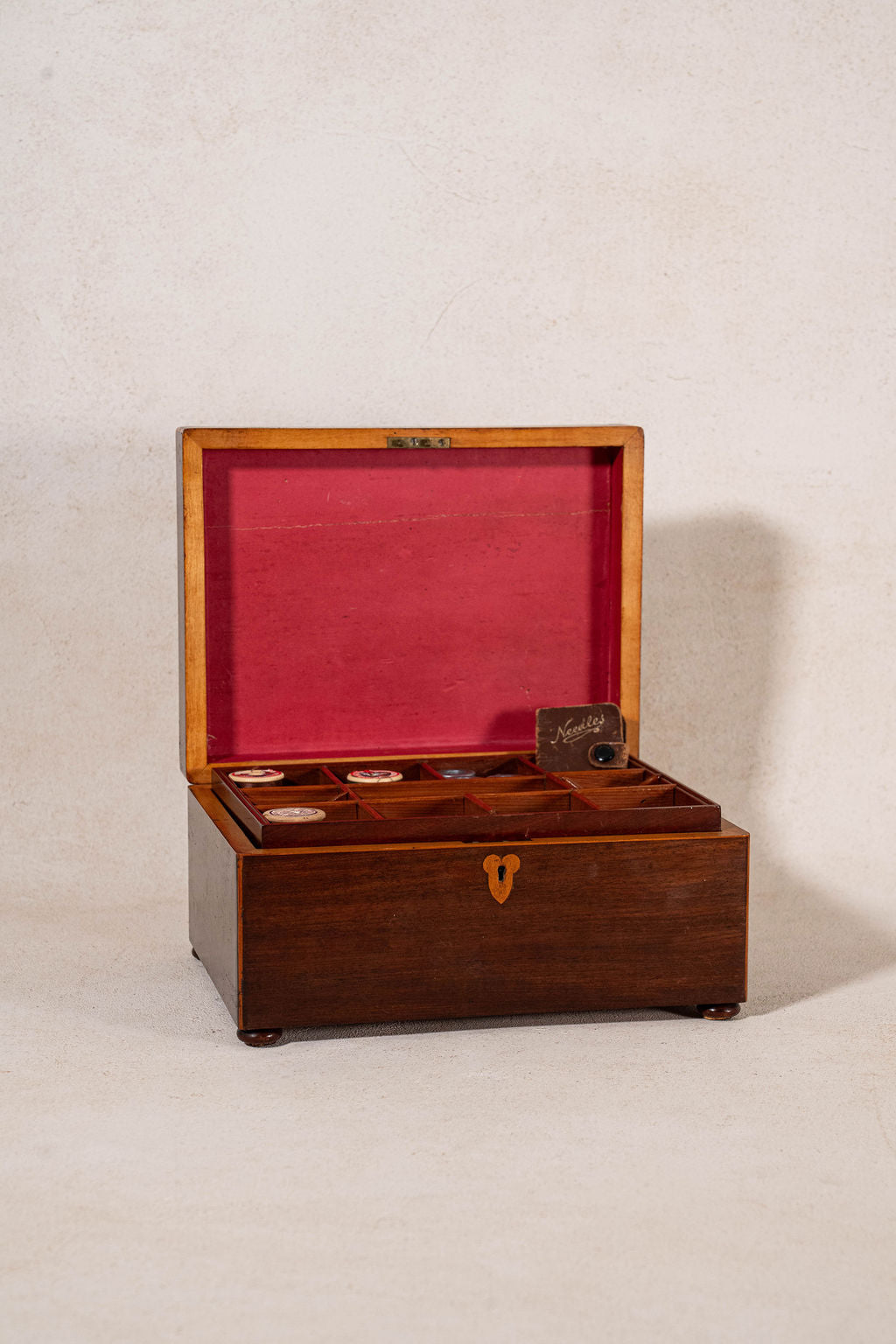 19th Century English Mahogany Inlay Sewing Box with Initials “L.C”