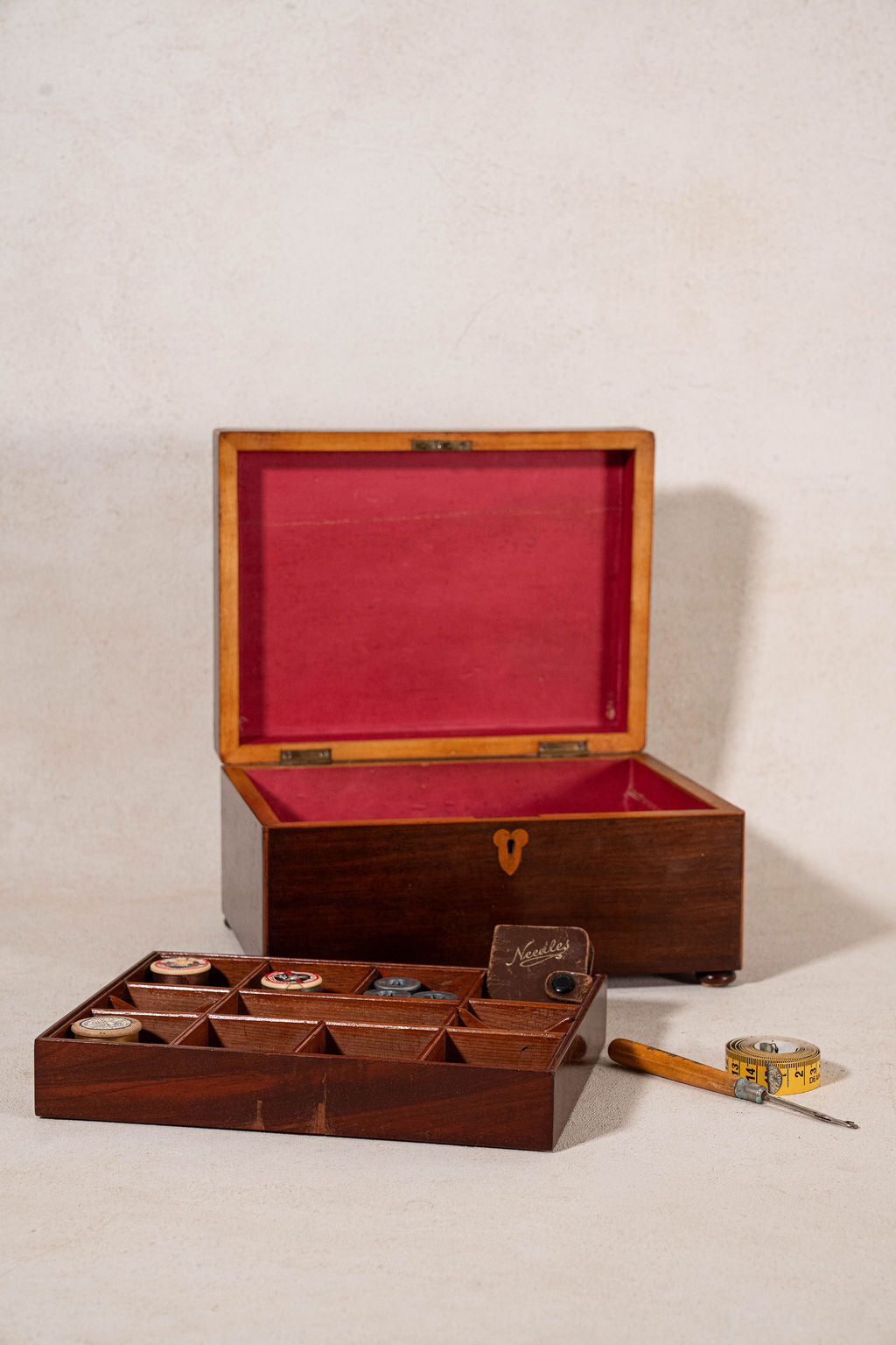 19th Century English Mahogany Inlay Sewing Box with Initials “L.C”
