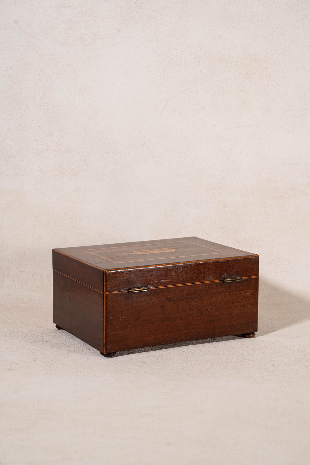 19th Century English Mahogany Inlay Sewing Box with Initials “L.C”