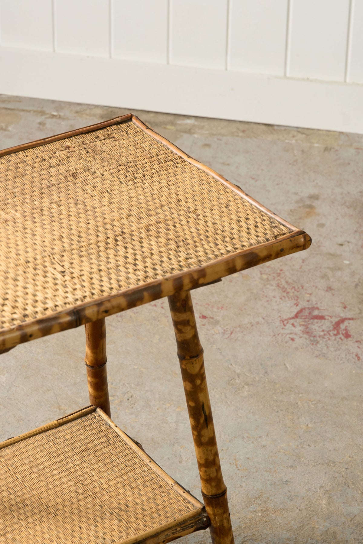 Antique Tortoise Bamboo Two-Tier Occasional Side Table with Original Seagrass