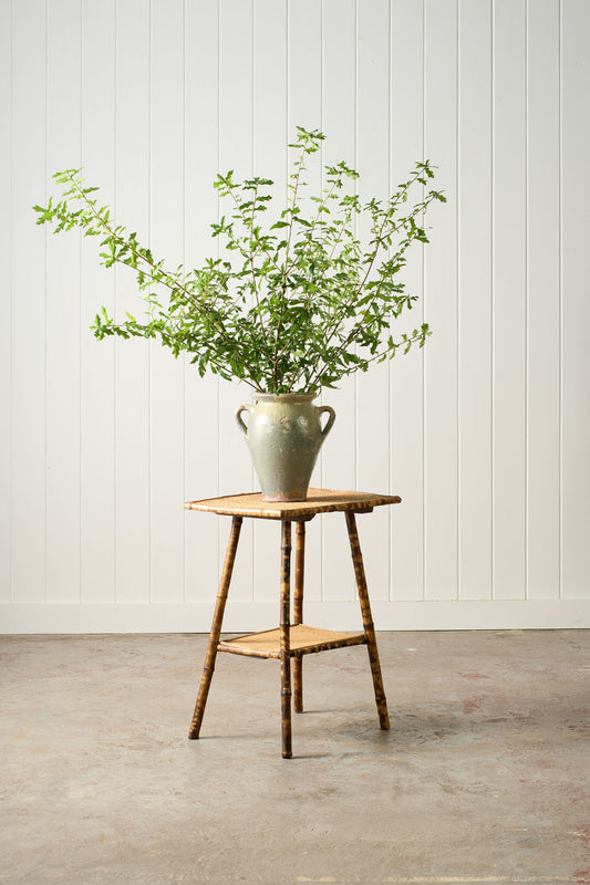 Antique Tortoise Bamboo Two-Tier Occasional Side Table with Original Seagrass