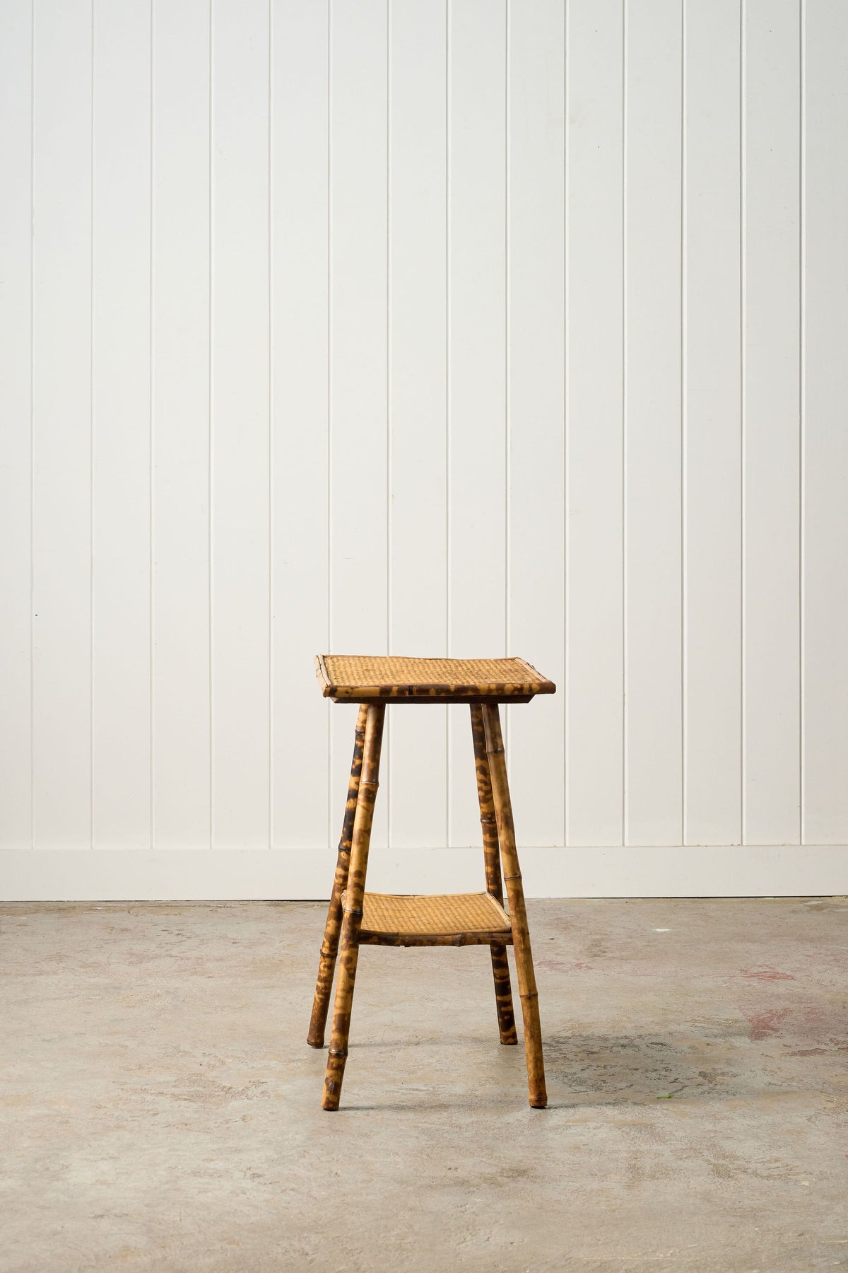 Antique Tortoise Bamboo Two-Tier Occasional Side Table with Original Seagrass