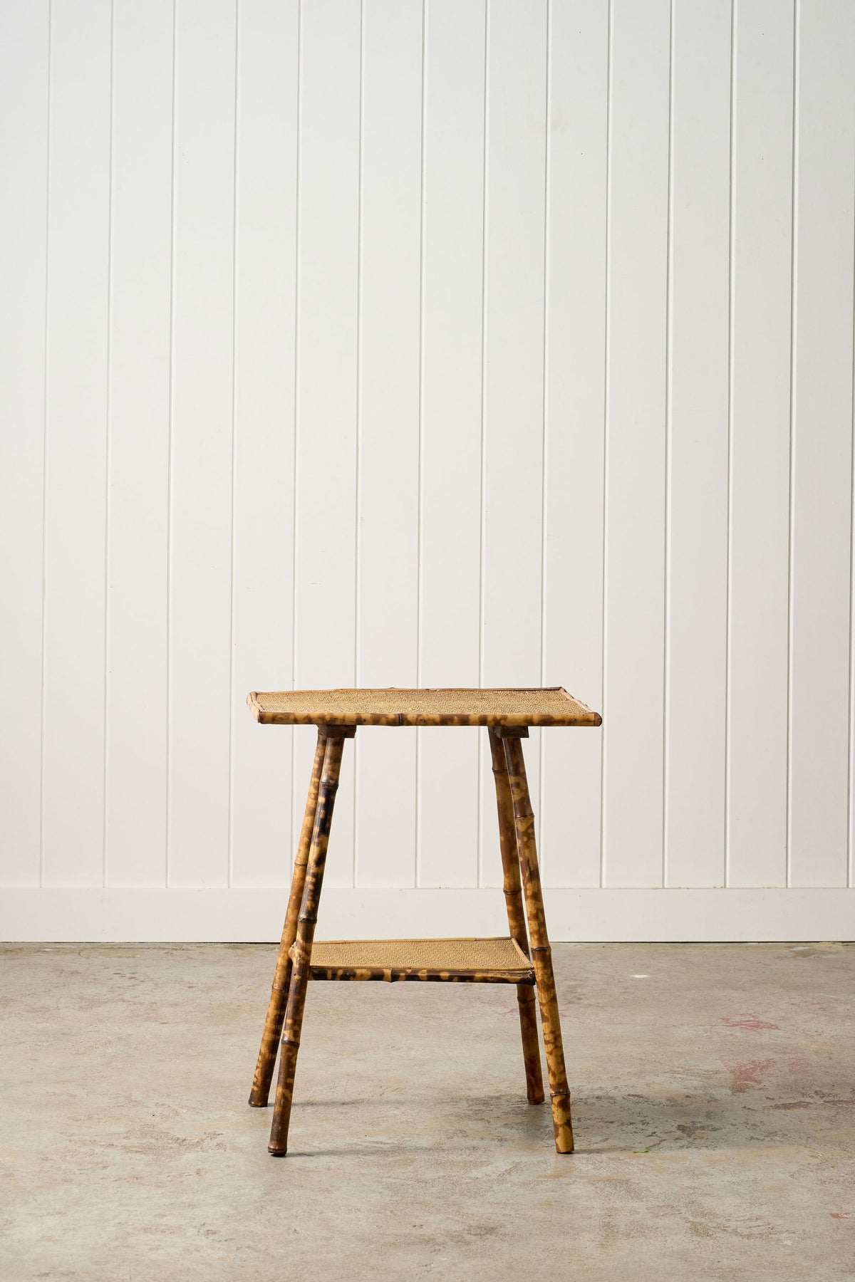 Antique Tortoise Bamboo Two-Tier Occasional Side Table with Original Seagrass