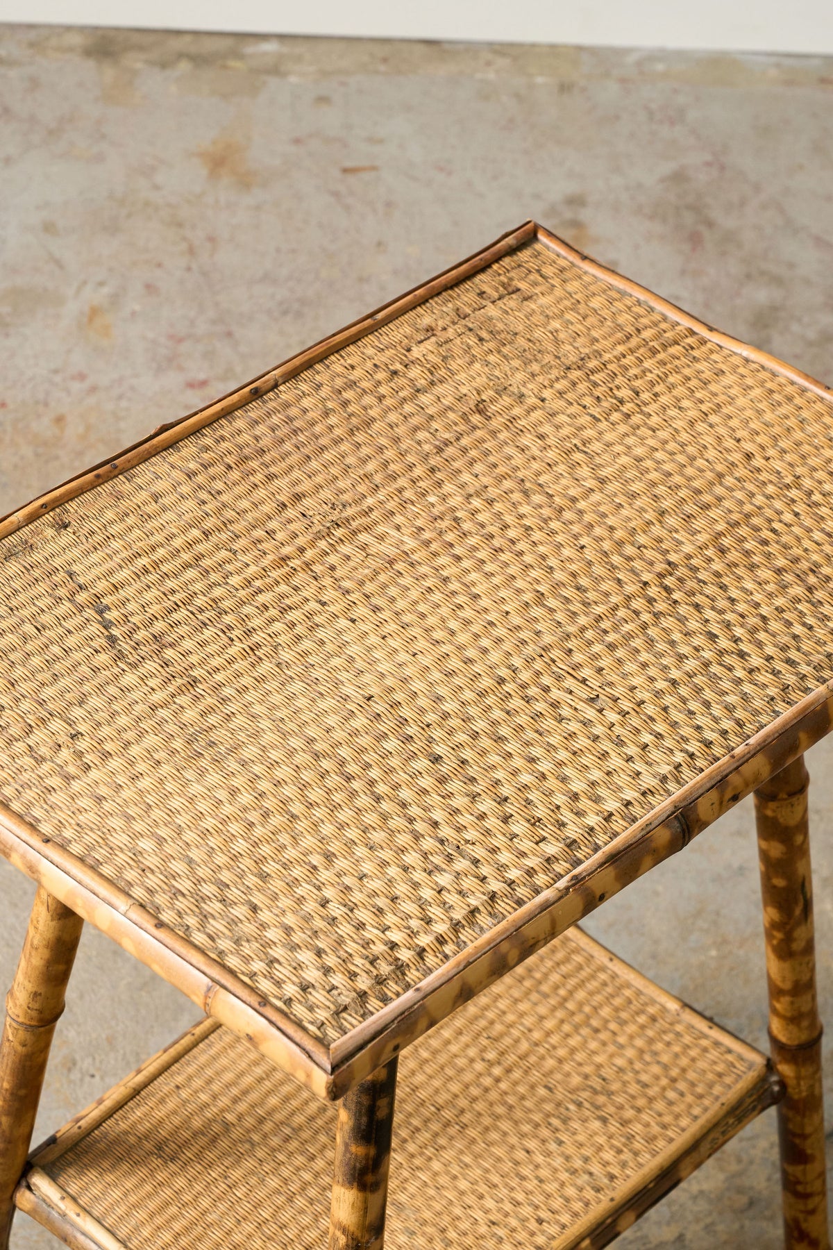 Antique Tortoise Bamboo Two-Tier Occasional Side Table with Original Seagrass