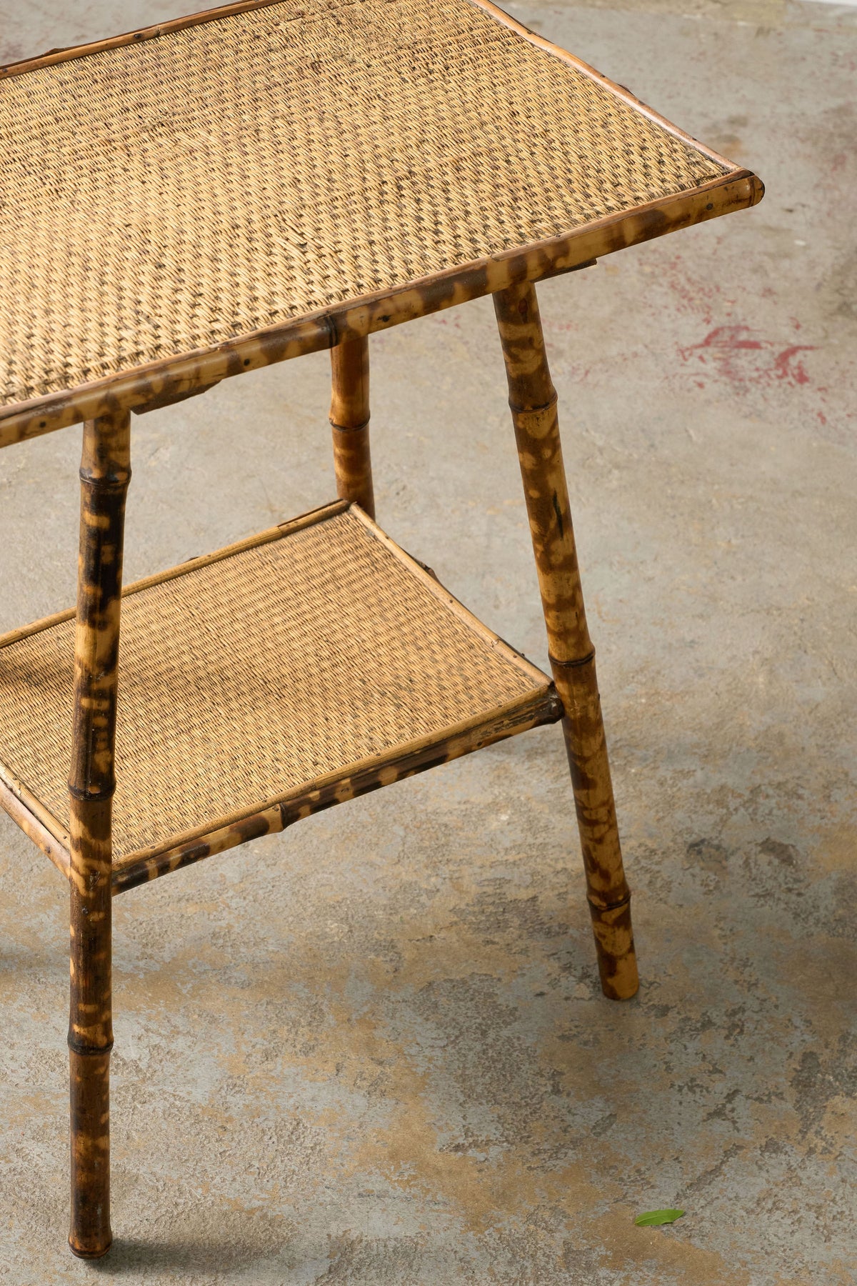 Antique Tortoise Bamboo Two-Tier Occasional Side Table with Original Seagrass