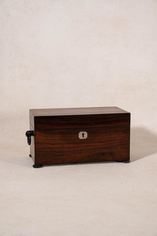 19th Century Mahogany Tea Caddy with Bone Keyhole + Interior Fittings
