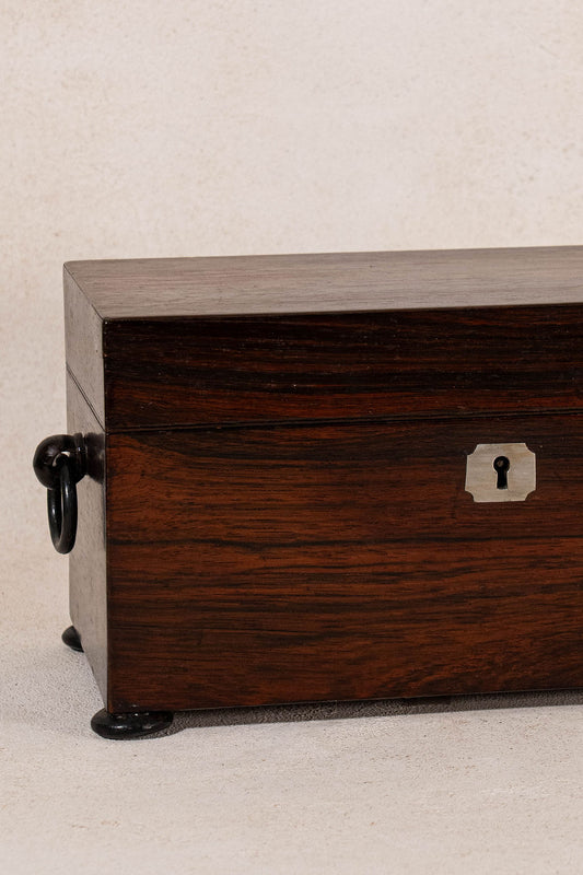 19th Century Mahogany Tea Caddy with Bone Keyhole + Interior Fittings