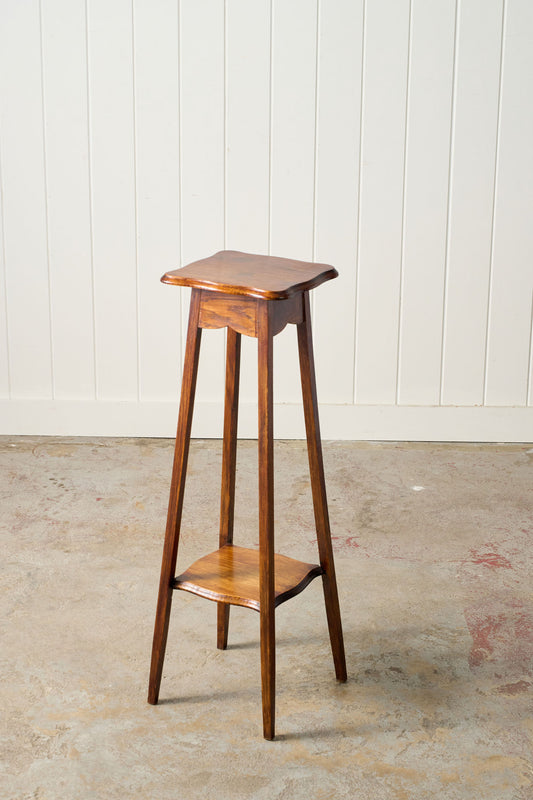 Vintage English Oak 2-Tier 4-Leg Plant Stand with Beveled Top