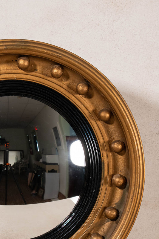 19th Century Gilt + Gesso Round Convex Mirror