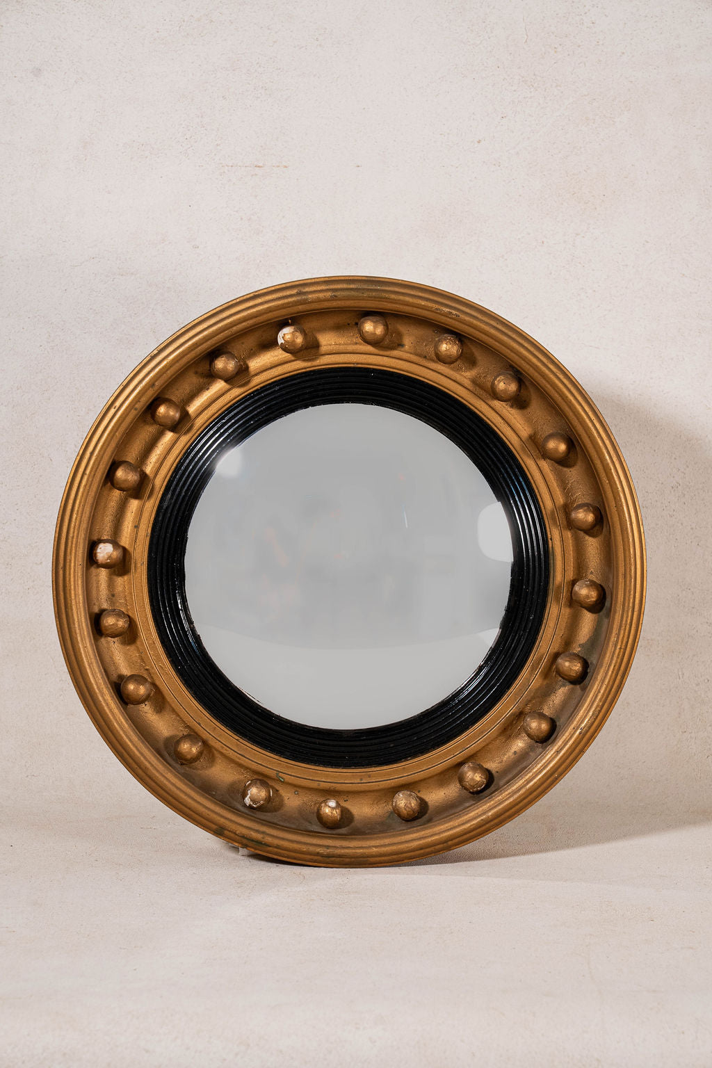 19th Century Gilt + Gesso Round Convex Mirror