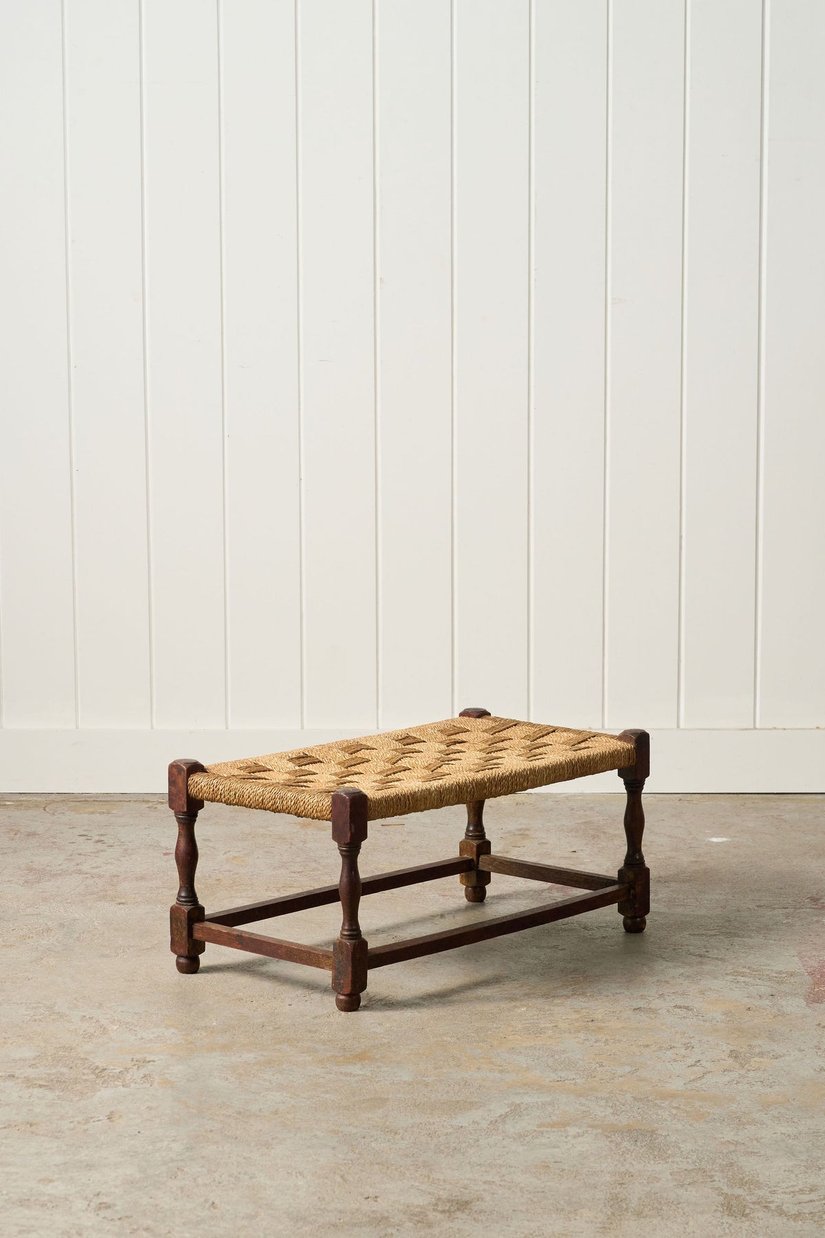 Antique English Oak Stool with Woven Top