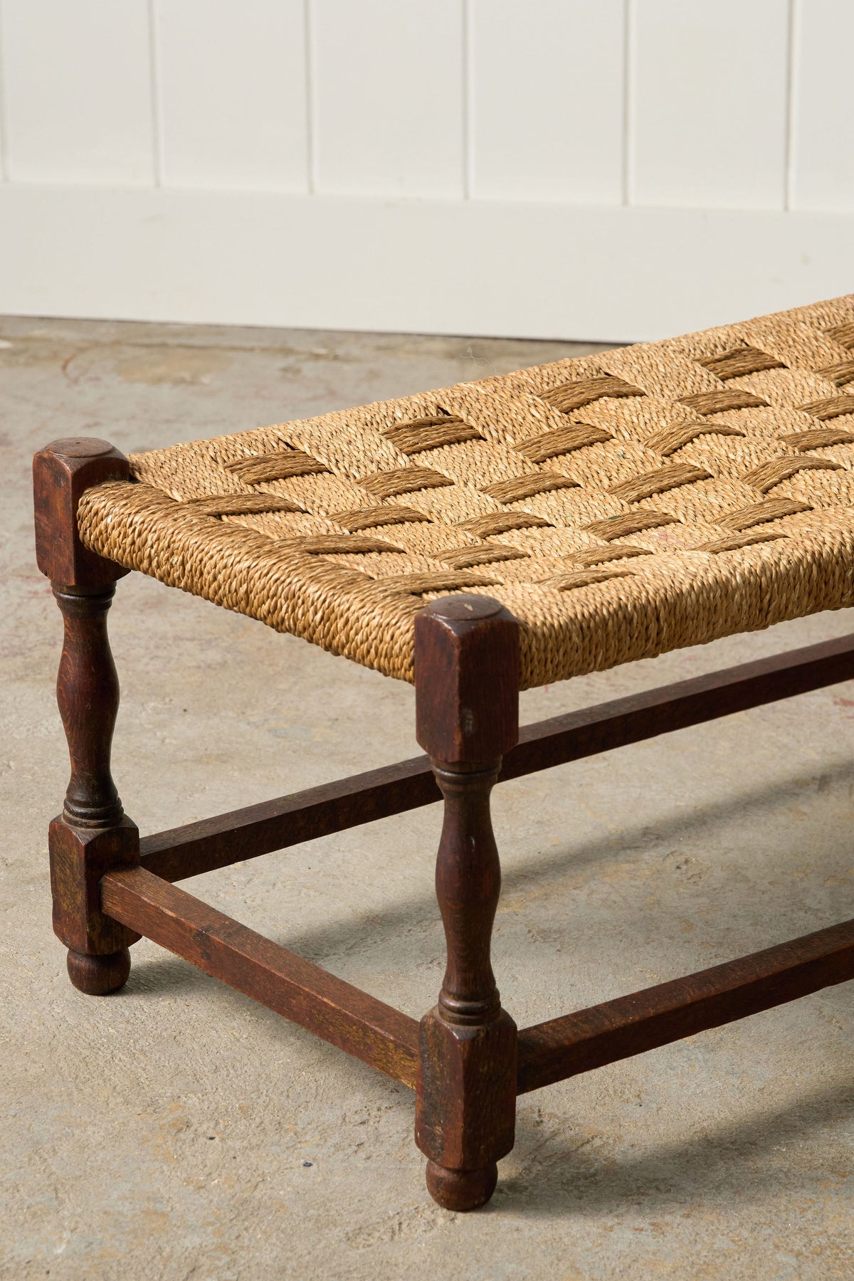 Antique English Oak Stool with Woven Top