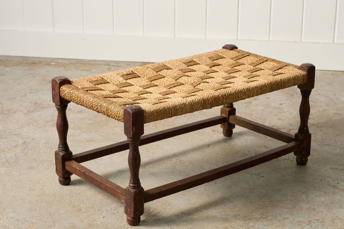 Antique English Oak Stool with Woven Top