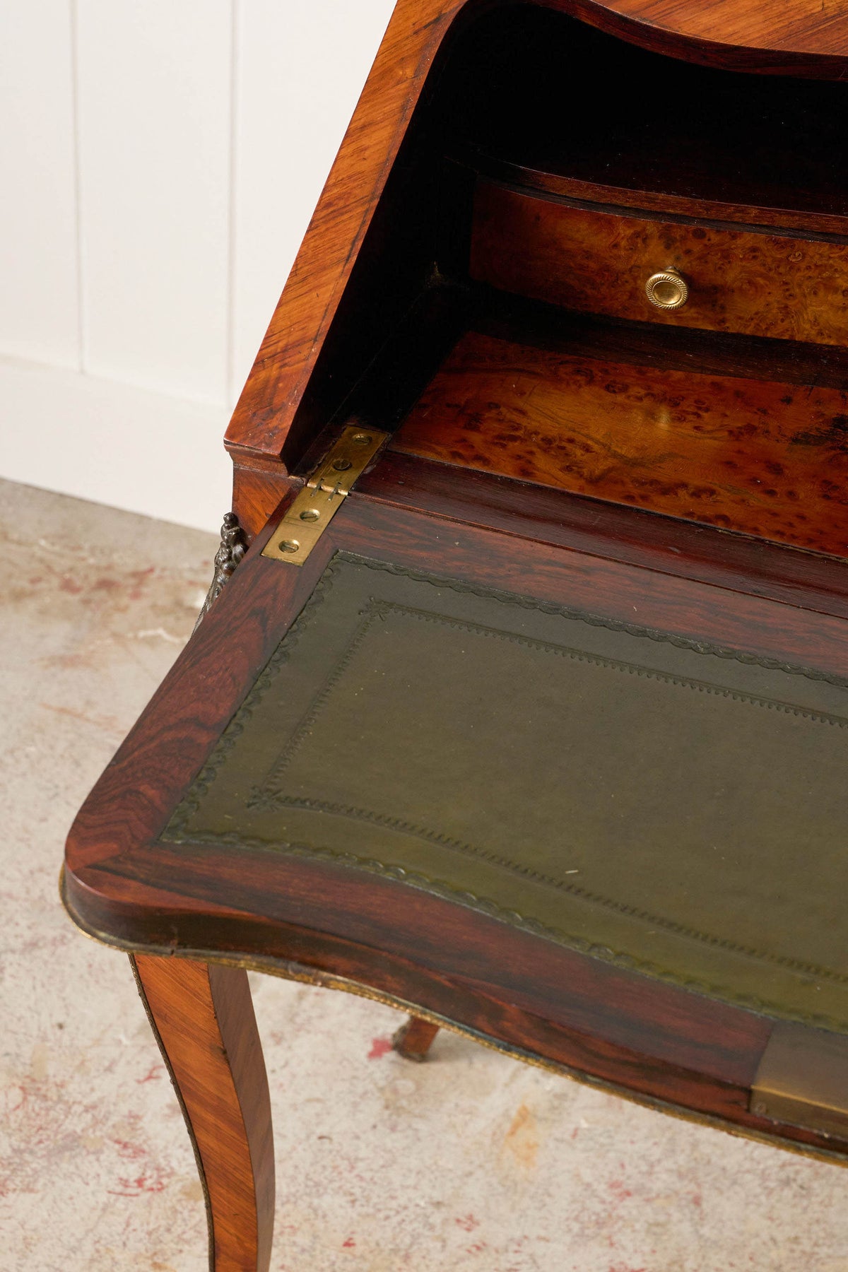 19th Century Antique French Marquetry Ladies Desk with Green Leather Interior