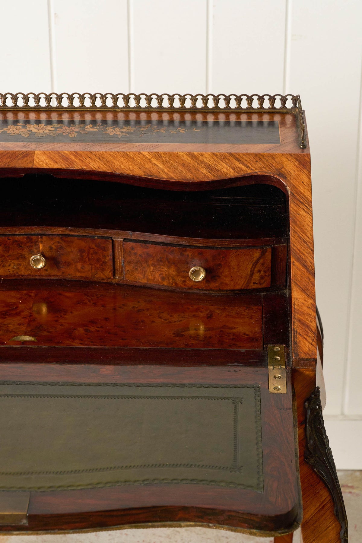 19th Century Antique French Marquetry Ladies Desk with Green Leather Interior