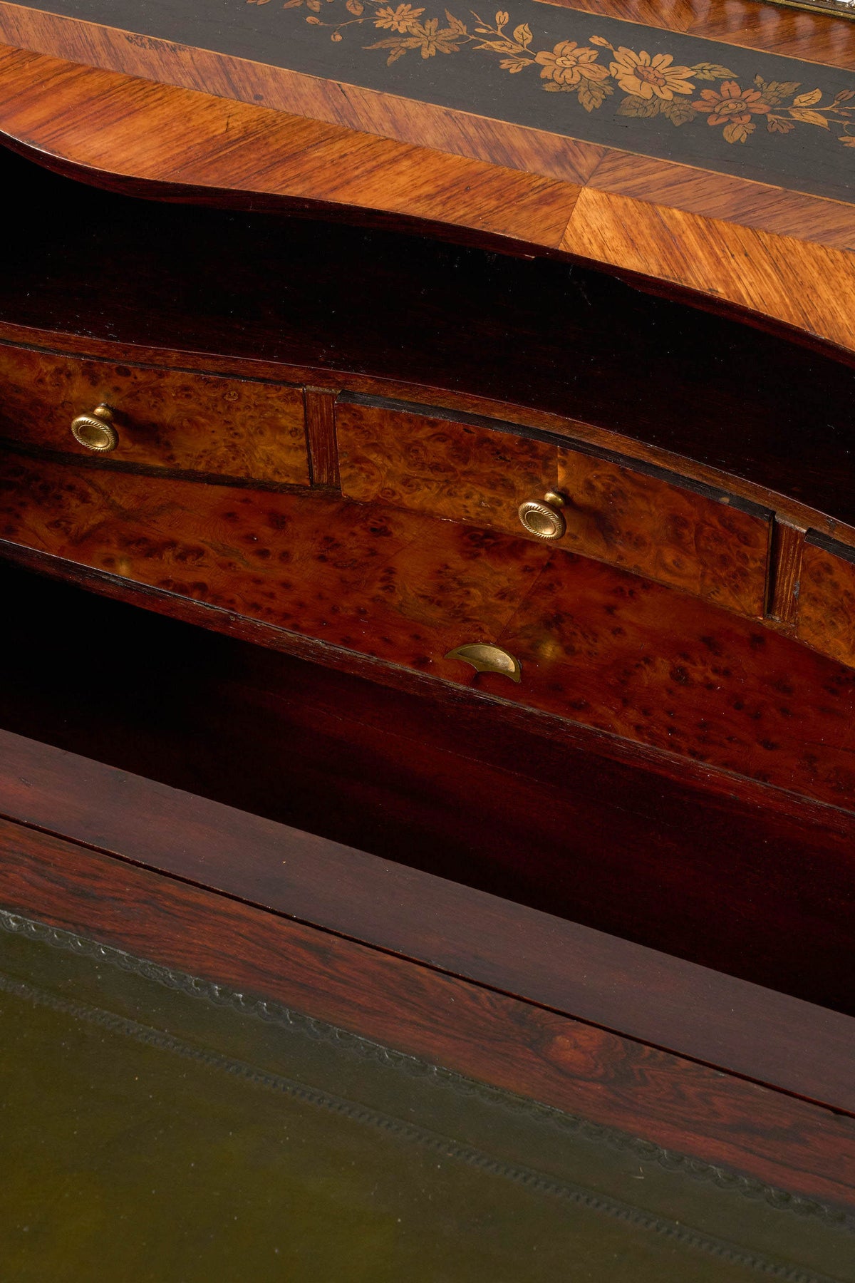 19th Century Antique French Marquetry Ladies Desk with Green Leather Interior