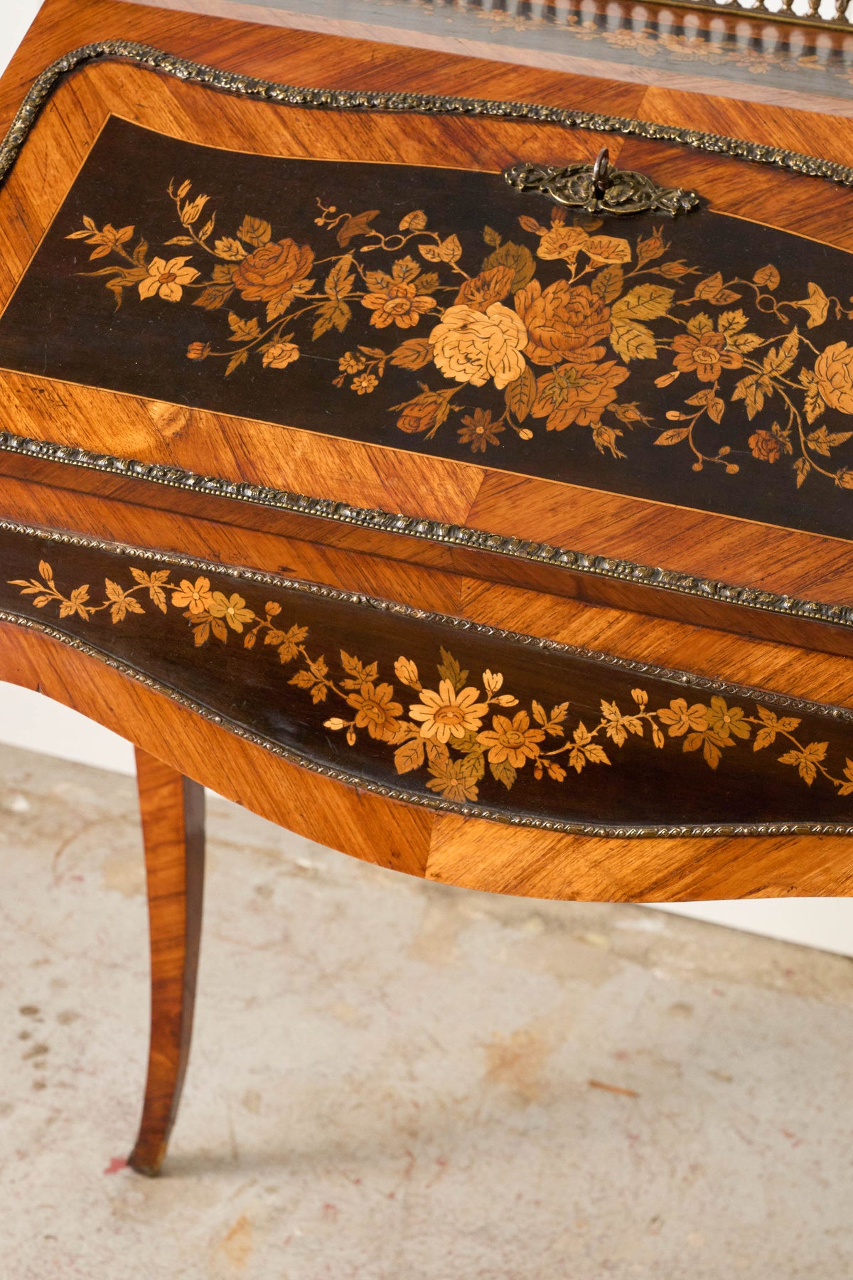 19th Century Antique French Marquetry Ladies Desk with Green Leather Interior