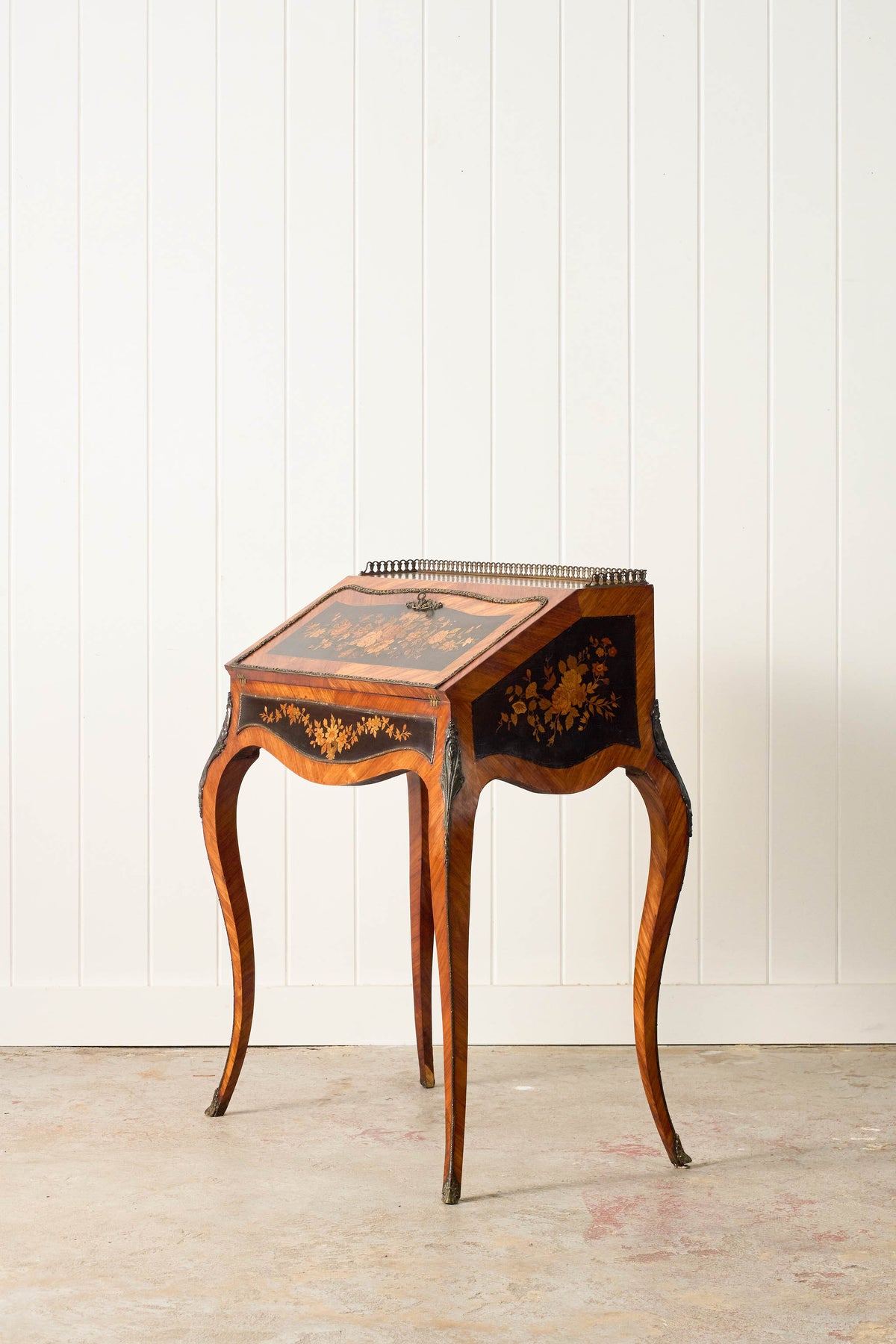 19th Century Antique French Marquetry Ladies Desk with Green Leather Interior