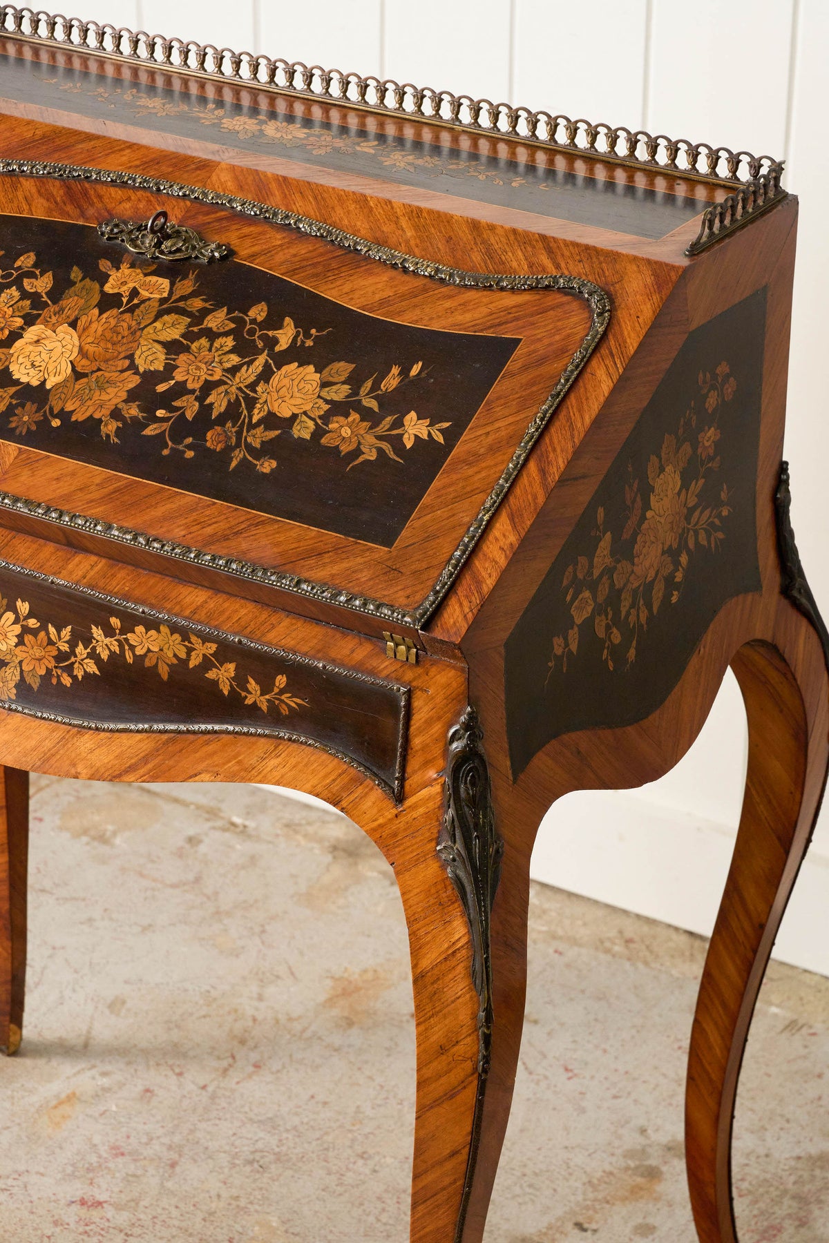 19th Century Antique French Marquetry Ladies Desk with Green Leather Interior