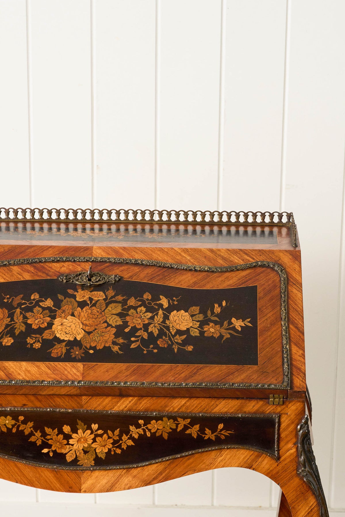 19th Century Antique French Marquetry Ladies Desk with Green Leather Interior