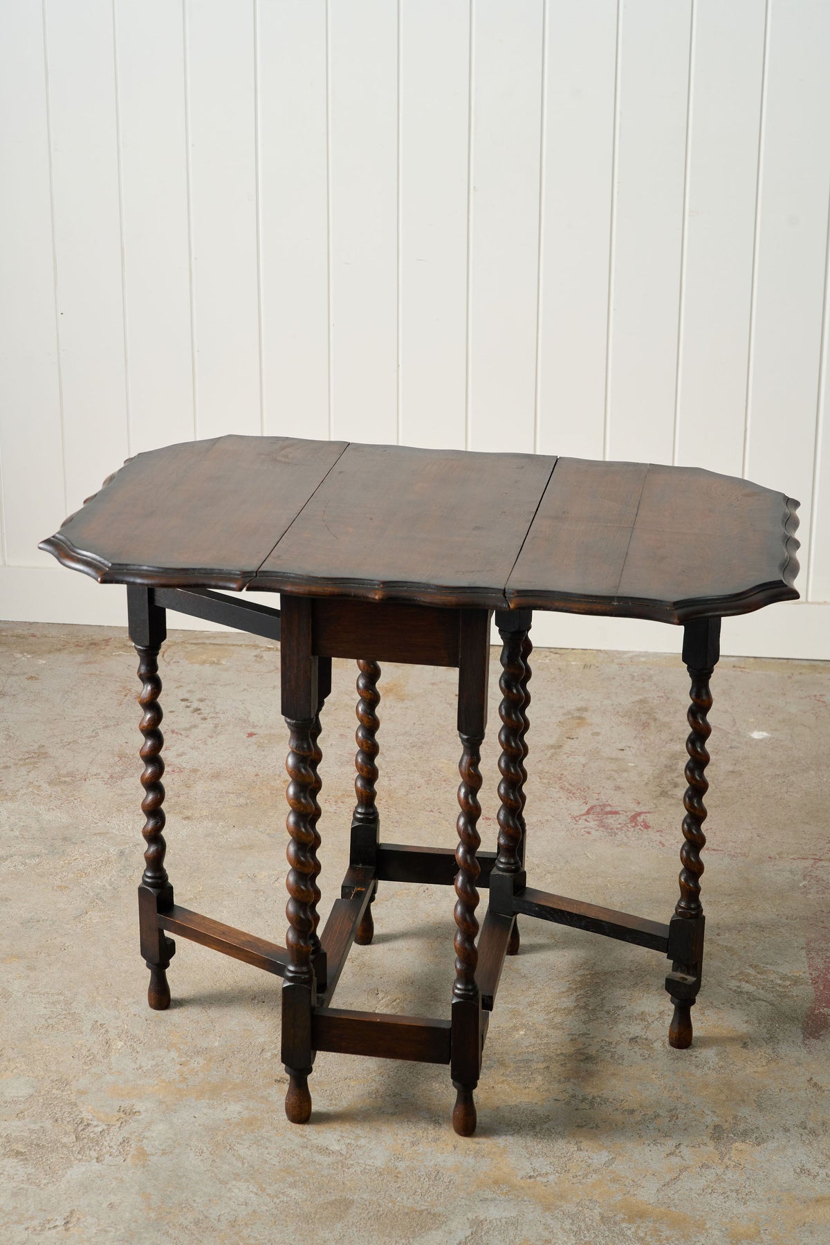 Antique English Barley Twist Drop Leaf Table with Unique Scalloped Top