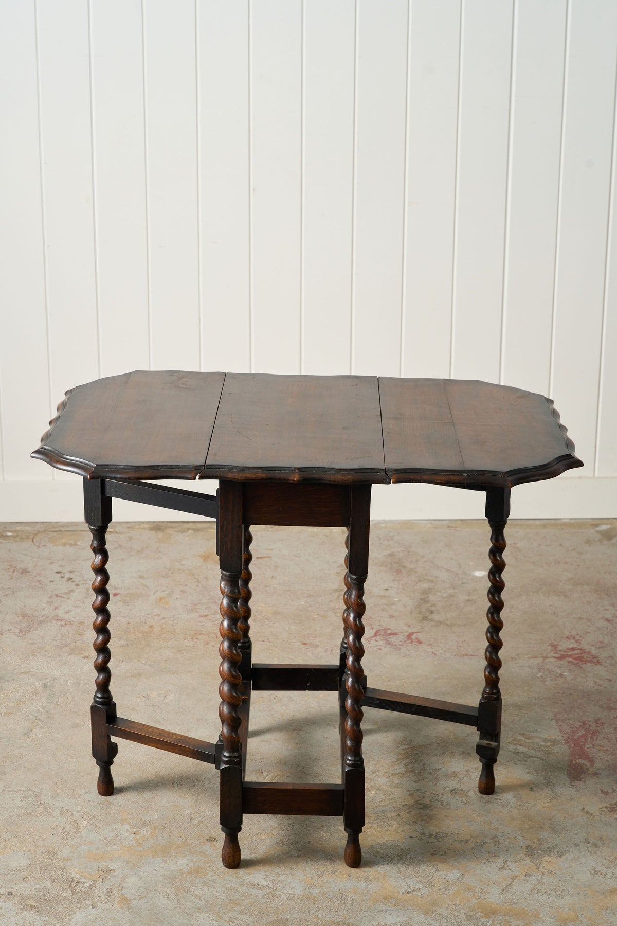 Antique English Barley Twist Drop Leaf Table with Unique Scalloped Top