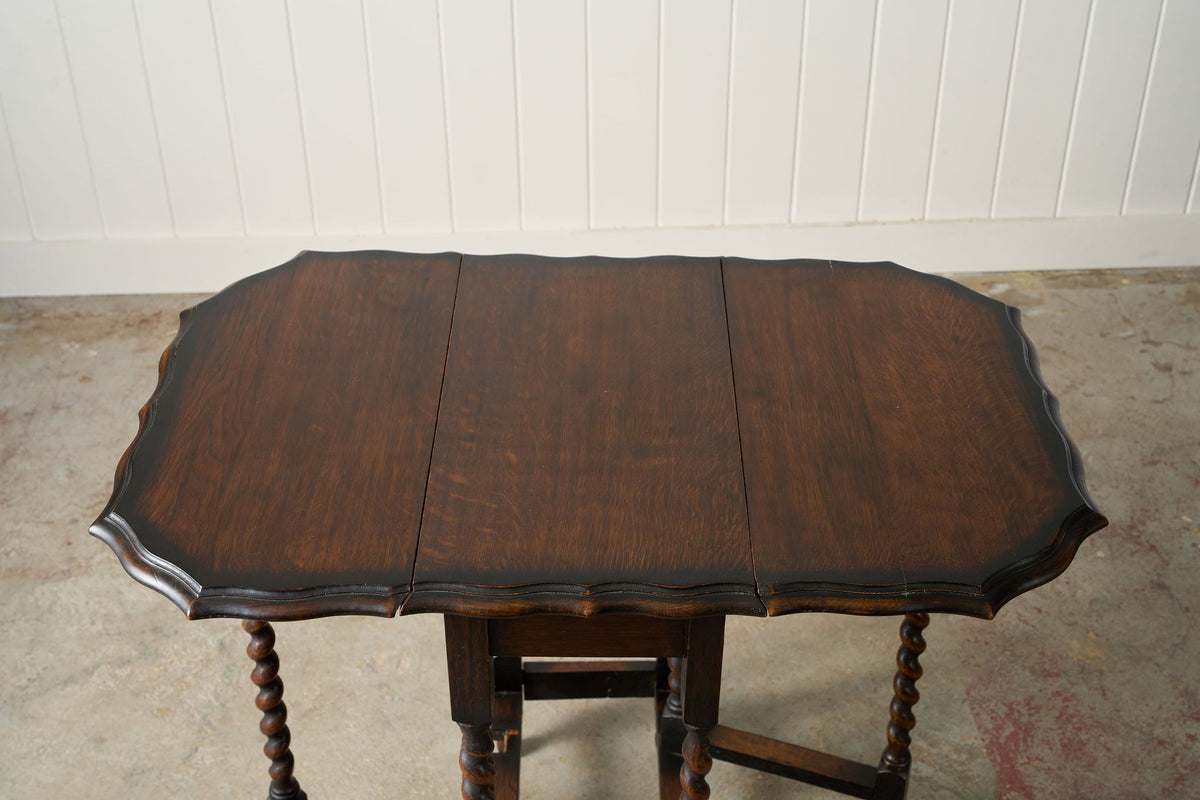 Antique English Barley Twist Drop Leaf Table with Unique Scalloped Top