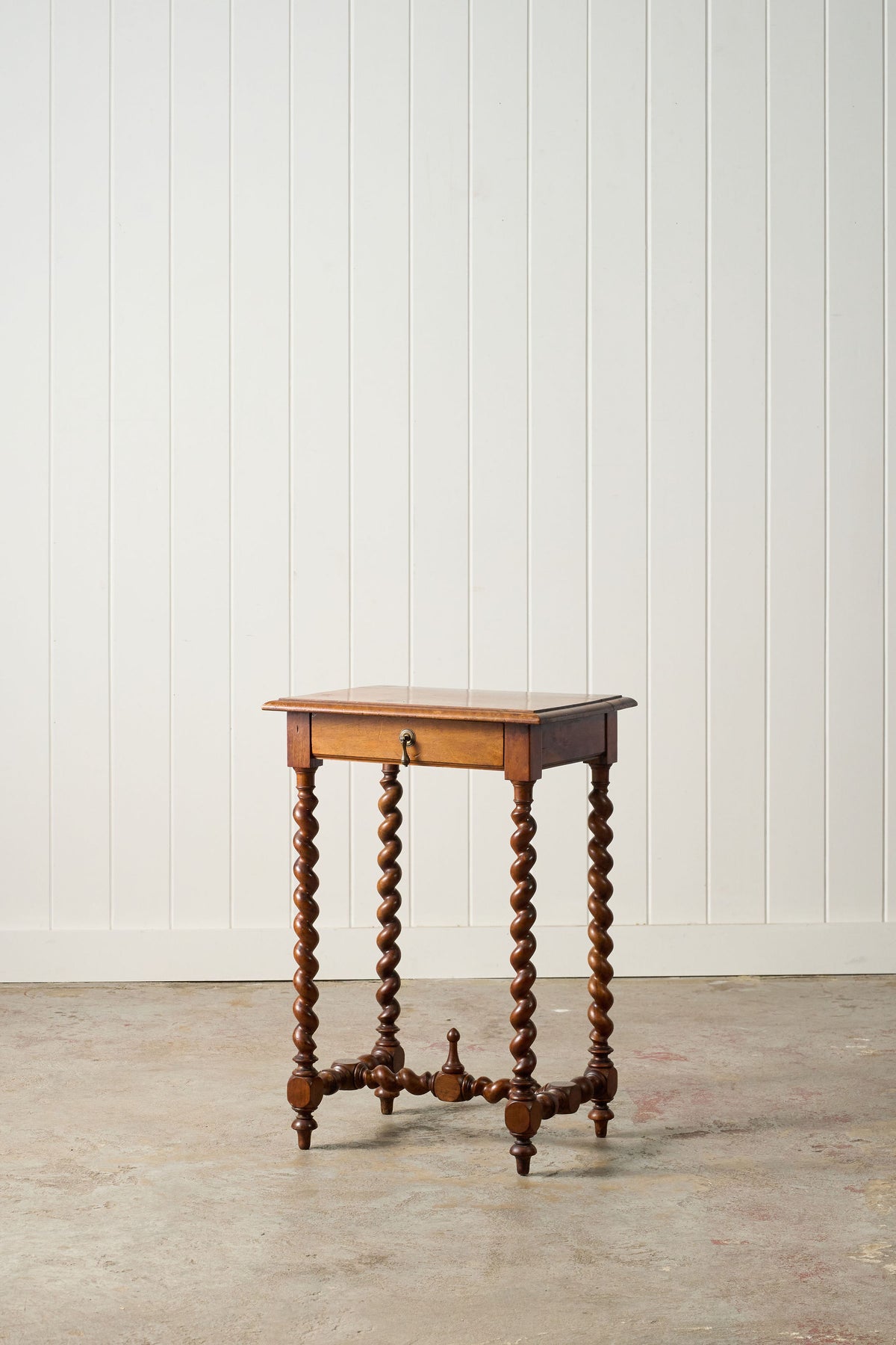 18th Century Walnut Barley Twist Side Table with Drawer + Stretcher Base