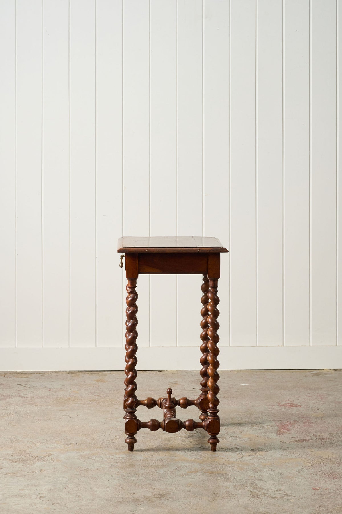 18th Century Walnut Barley Twist Side Table with Drawer + Stretcher Base