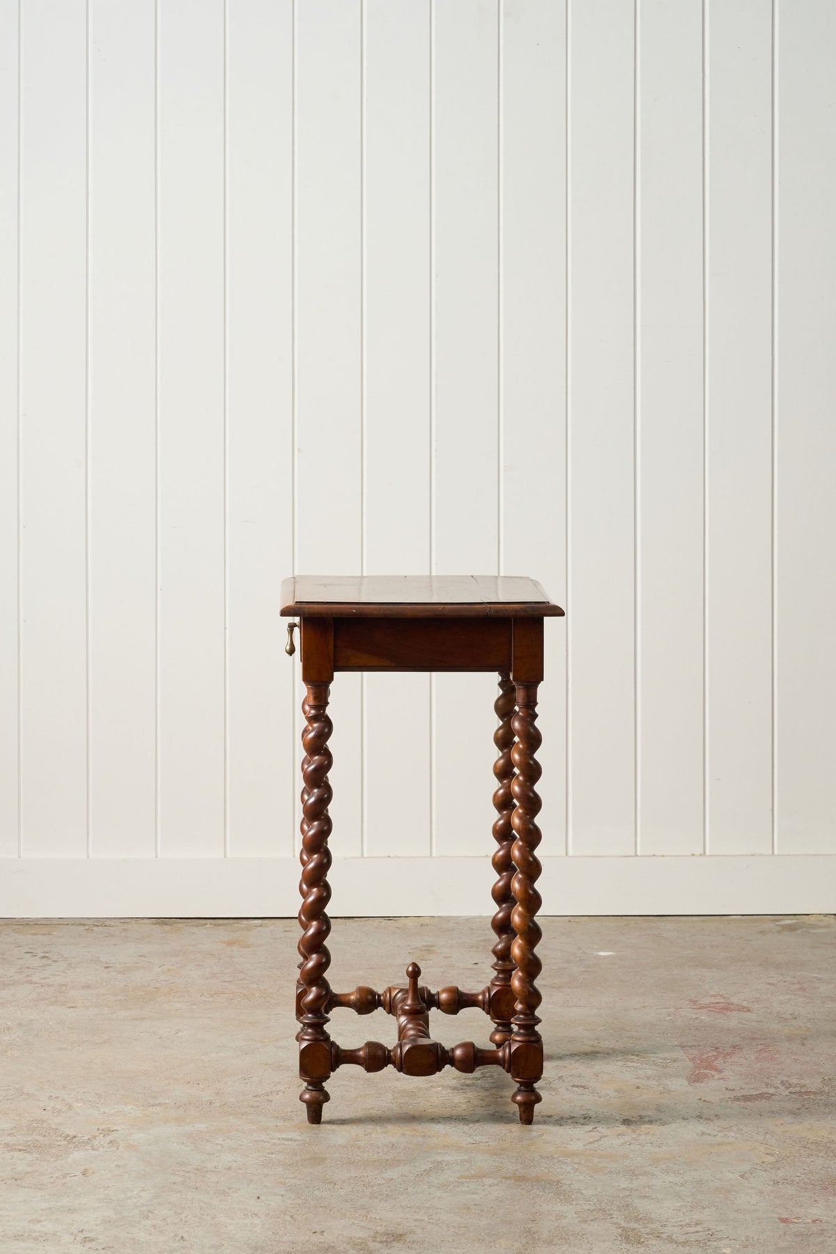18th Century Walnut Barley Twist Side Table with Drawer + Stretcher Base