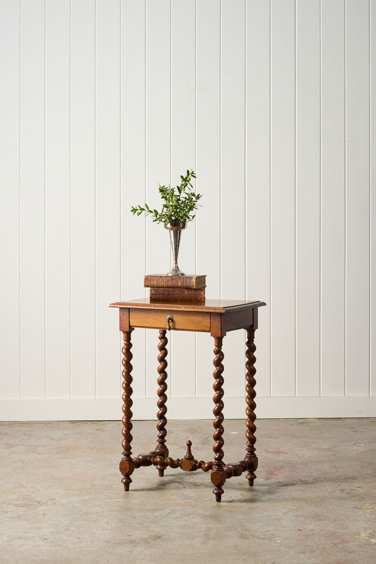 18th Century Walnut Barley Twist Side Table with Drawer + Stretcher Base