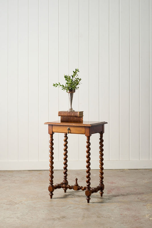 18th Century Walnut Barley Twist Side Table with Drawer + Stretcher Base
