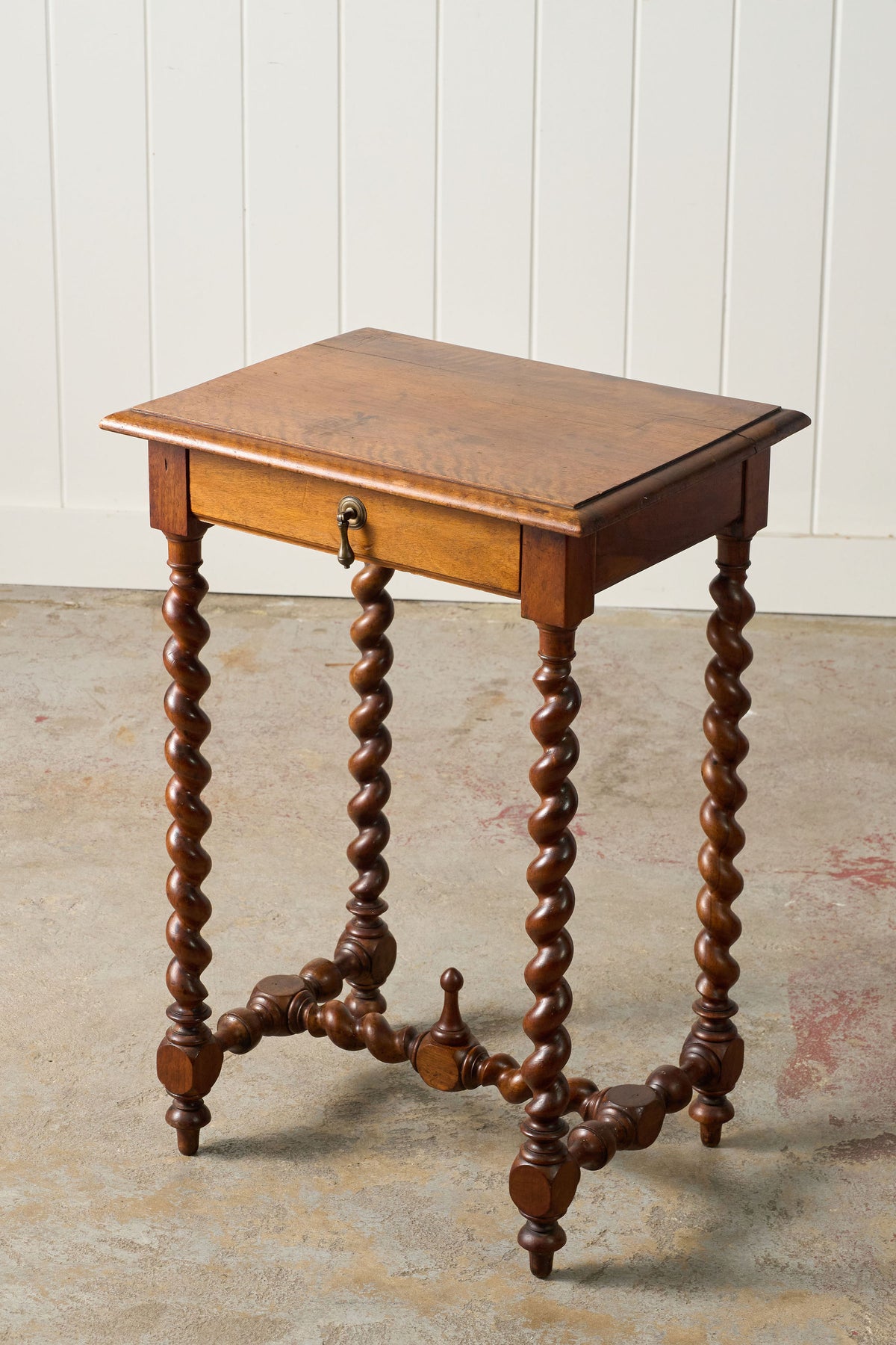 18th Century Walnut Barley Twist Side Table with Drawer + Stretcher Base