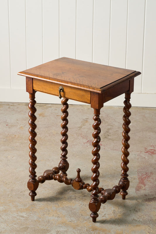 18th Century Walnut Barley Twist Side Table with Drawer + Stretcher Base
