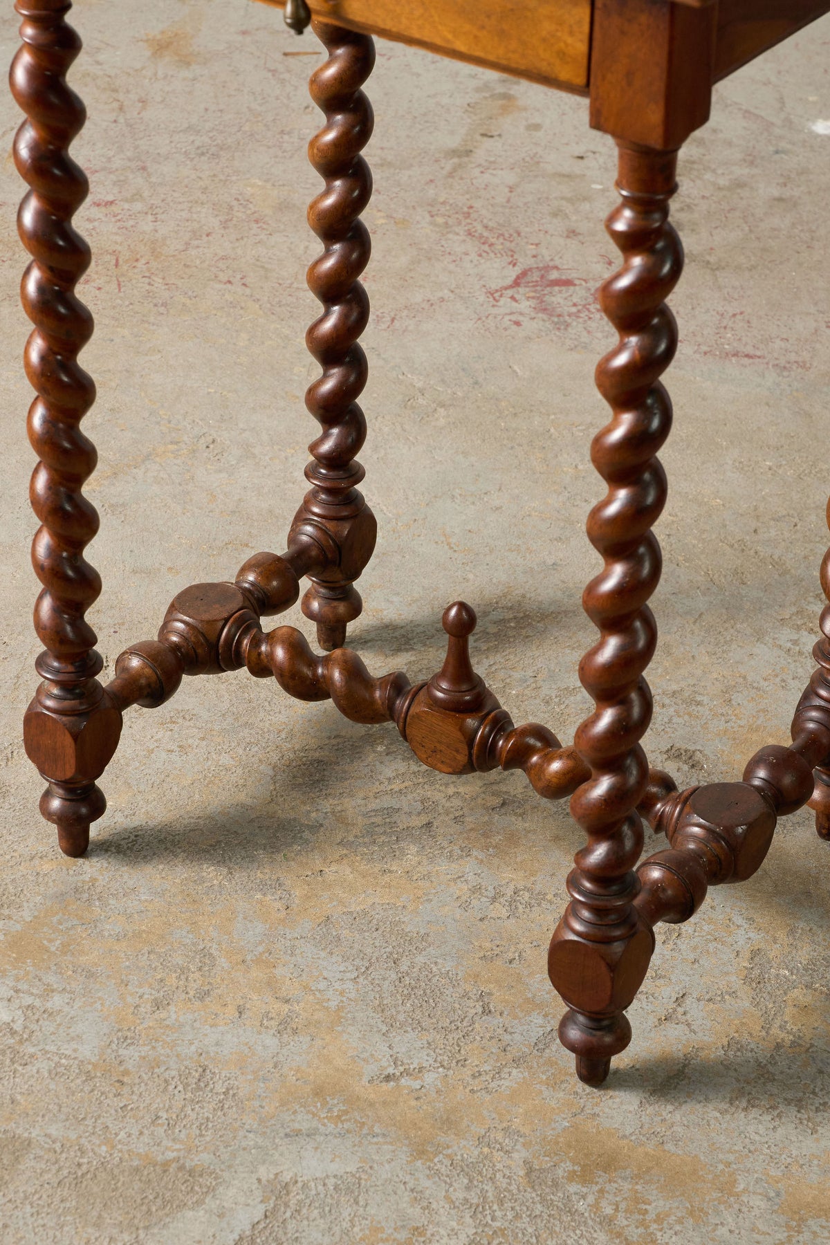 18th Century Walnut Barley Twist Side Table with Drawer + Stretcher Base