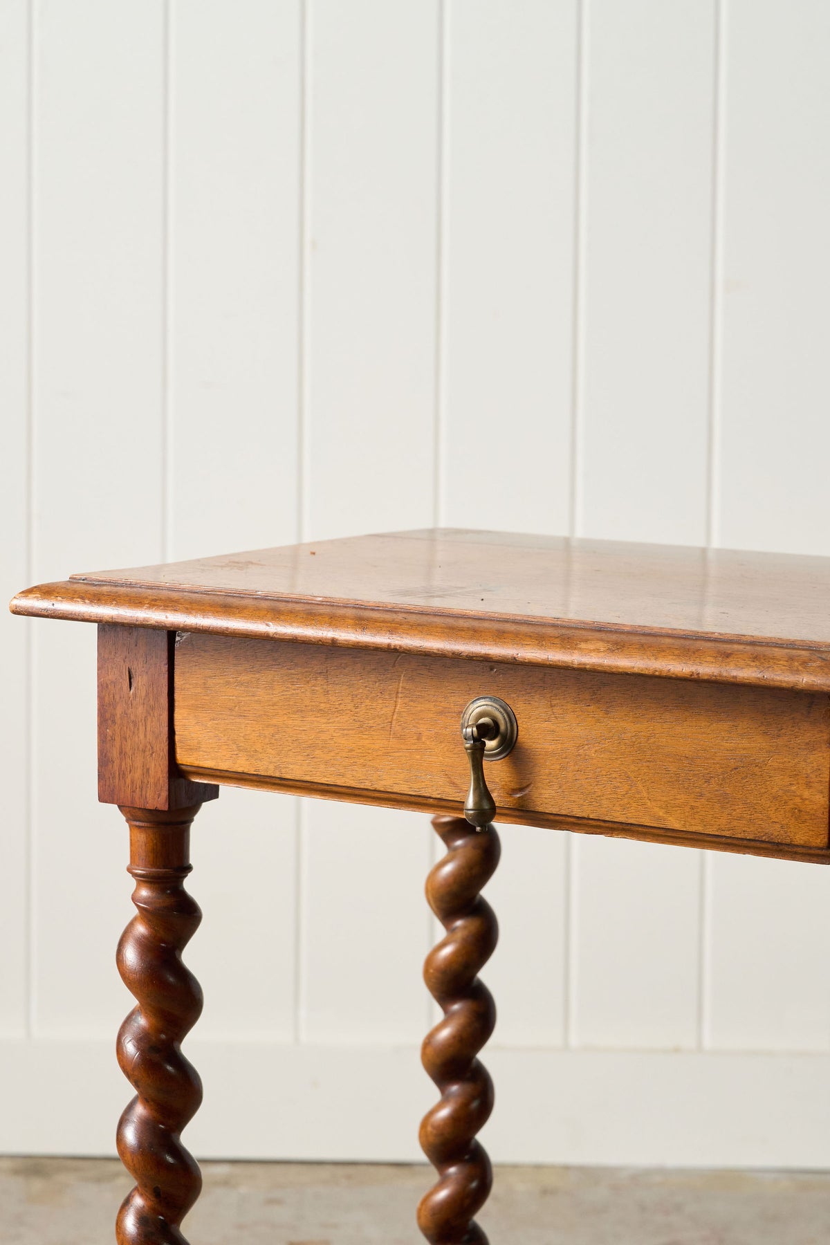 18th Century Walnut Barley Twist Side Table with Drawer + Stretcher Base