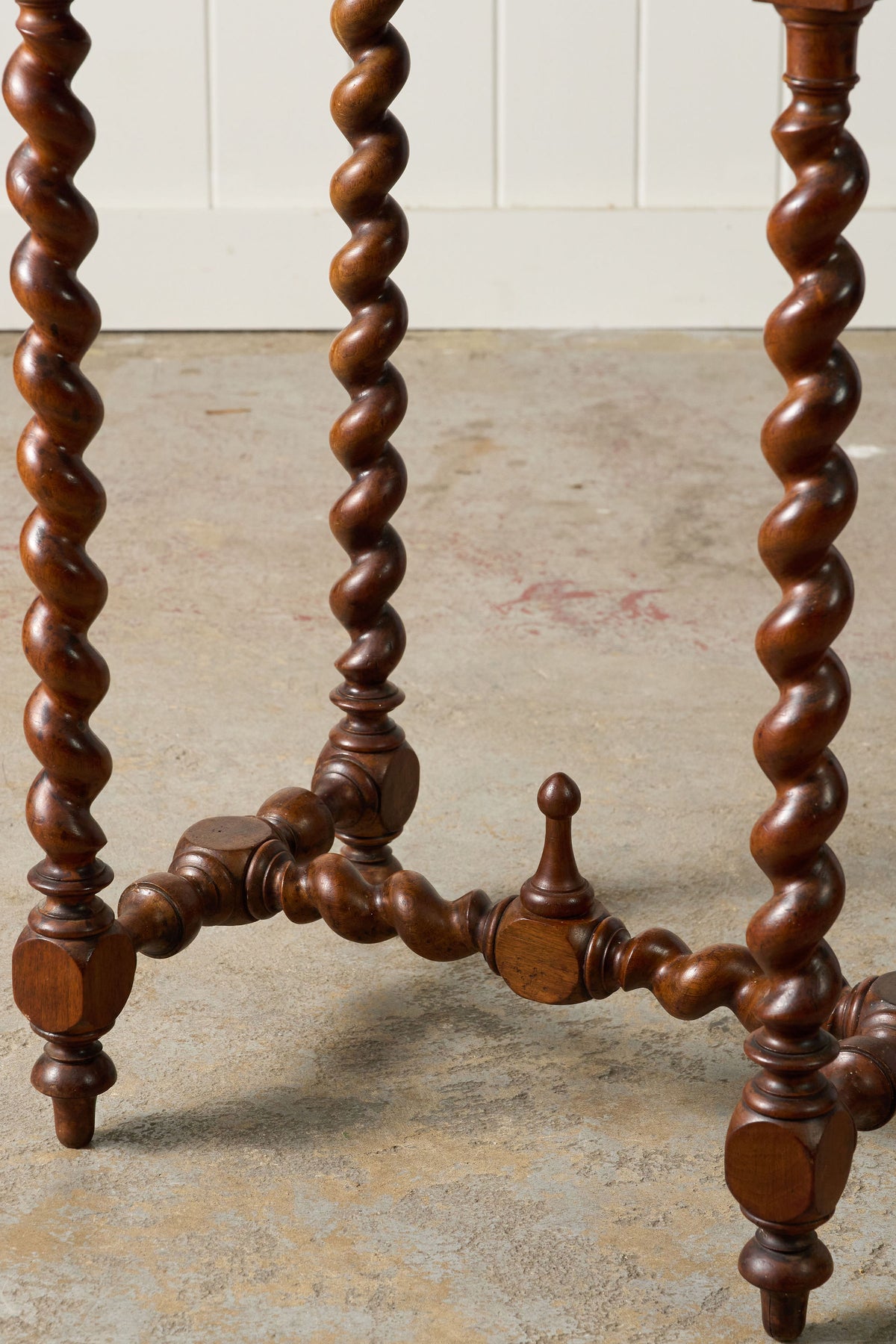 18th Century Walnut Barley Twist Side Table with Drawer + Stretcher Base