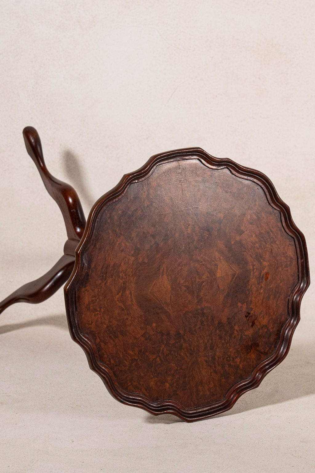 Antique English Burl Walnut Piecrust Tripod Wine Table