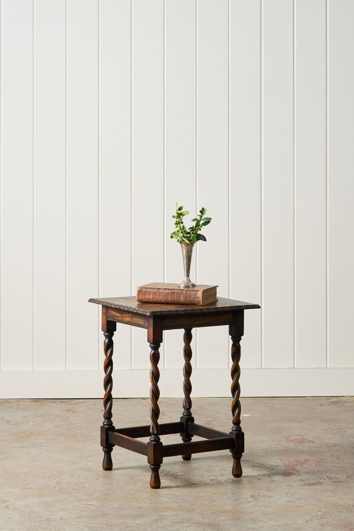 Petite English Oak Square Barley Twist Table with Scalloped Edge (c. 1930)