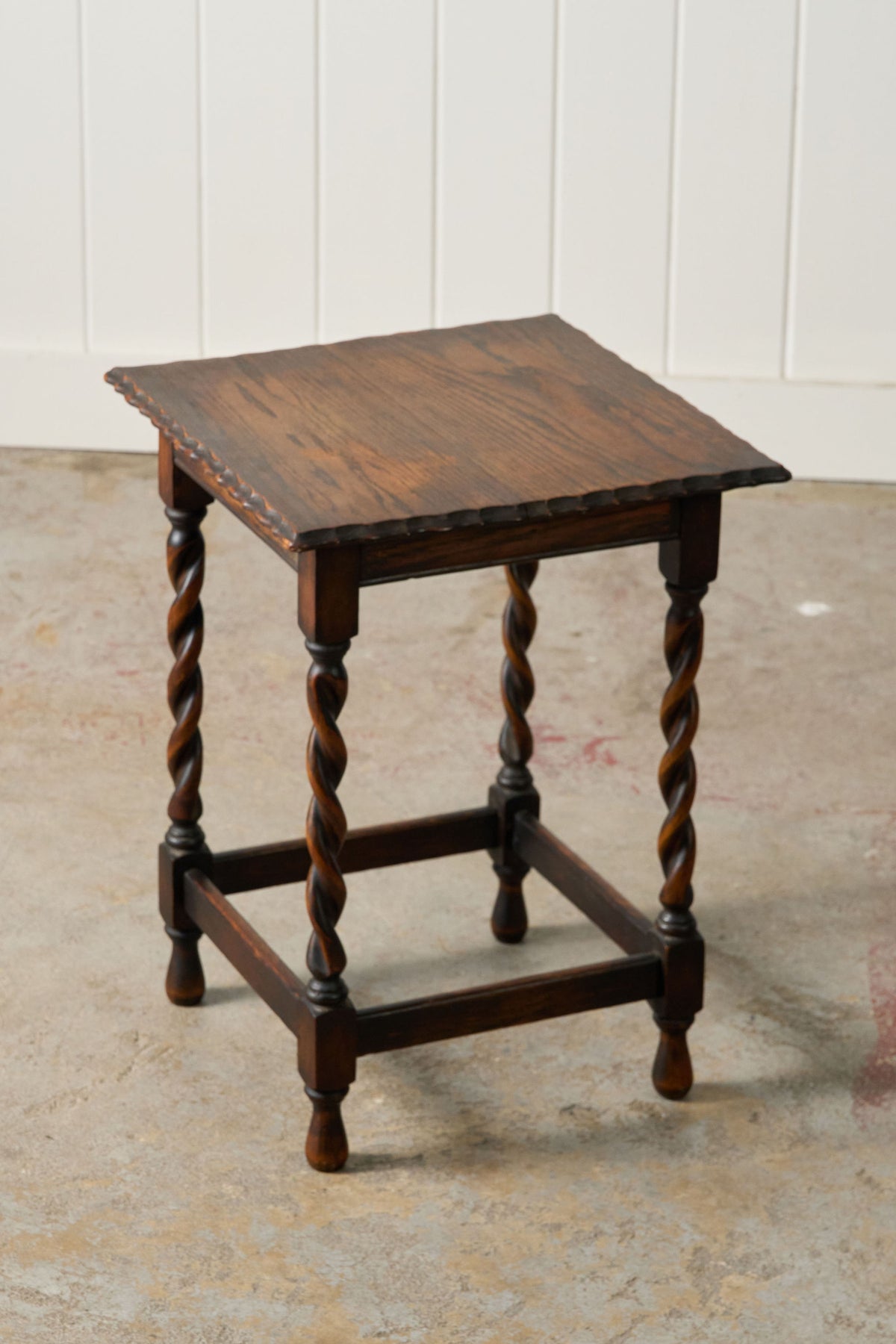 Petite English Oak Square Barley Twist Table with Scalloped Edge (c. 1930)
