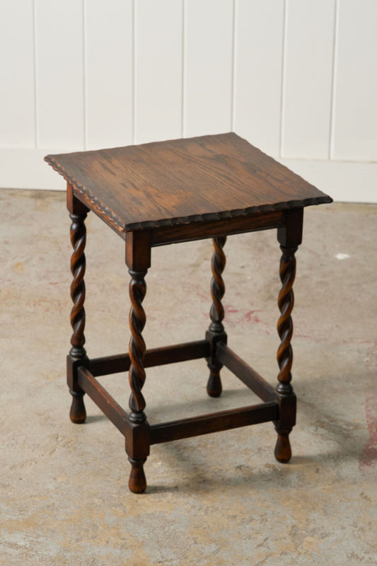 Petite English Oak Square Barley Twist Table with Scalloped Edge (c. 1930)